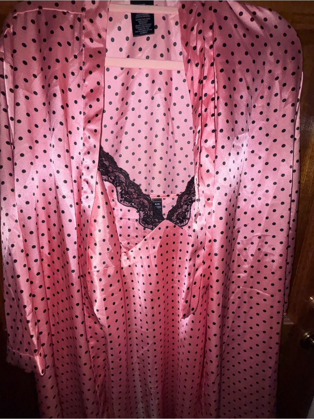 Pink Polka Dot Satin Robe with belt and Black Lace Trim Gown 3 piece set